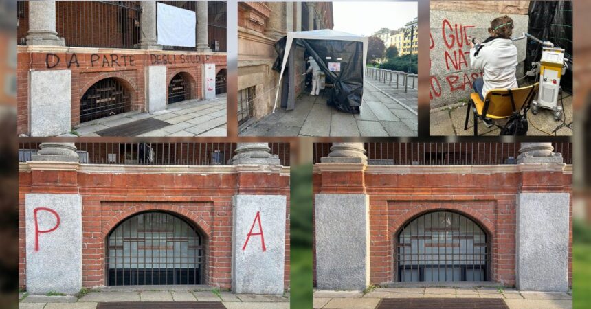 Laser rimuove i graffiti dalla facciata storica della Statale di Milano